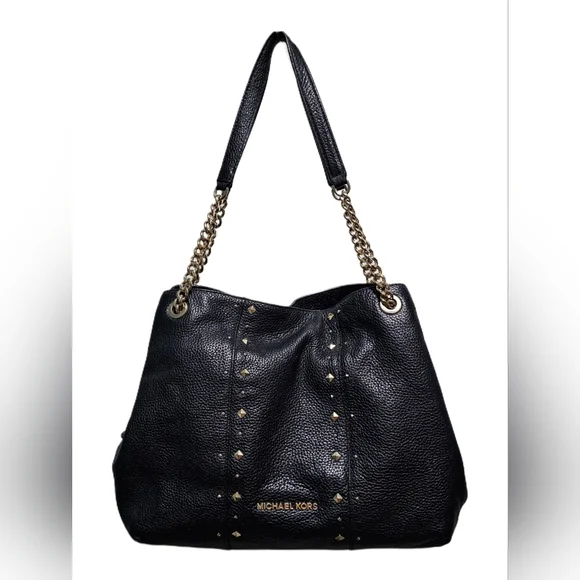 Michael Kors Jet Set Studded Leather Black Handbag Shoulder Tote Travel Bag Chic - Picture 1 of 16